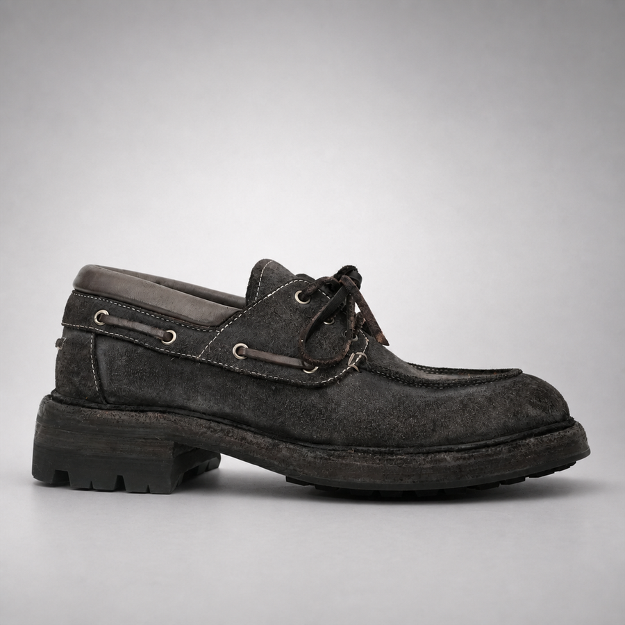 PASCH Mariner Boat Shoe in Gray Roughout Shell Cordovan, side view