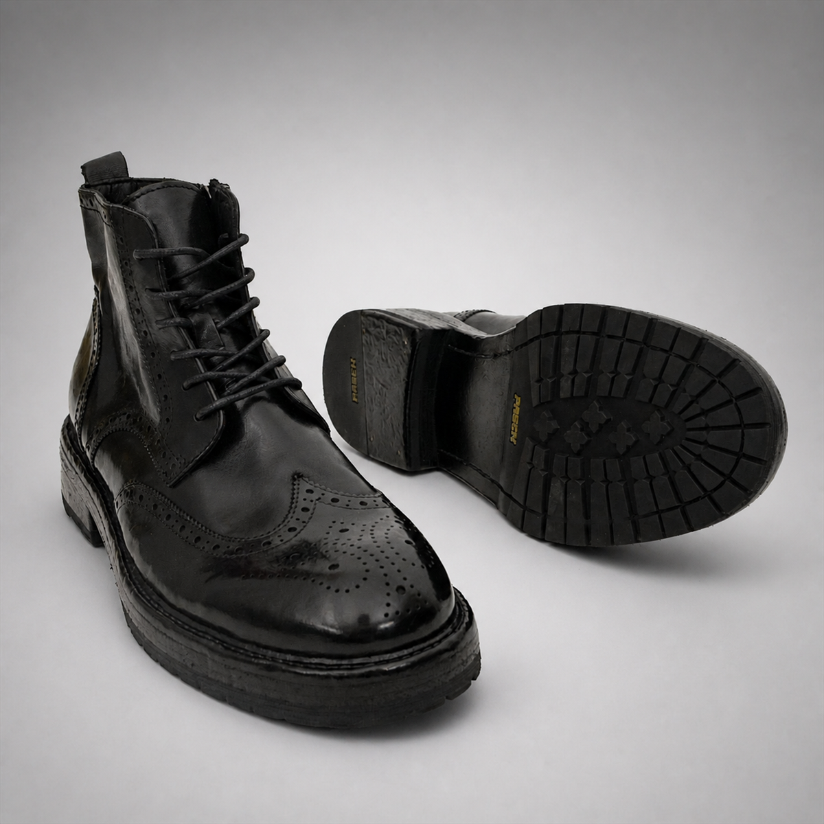 PASCH Beaumont Wingtip Boot in Black Water-Washed Leather