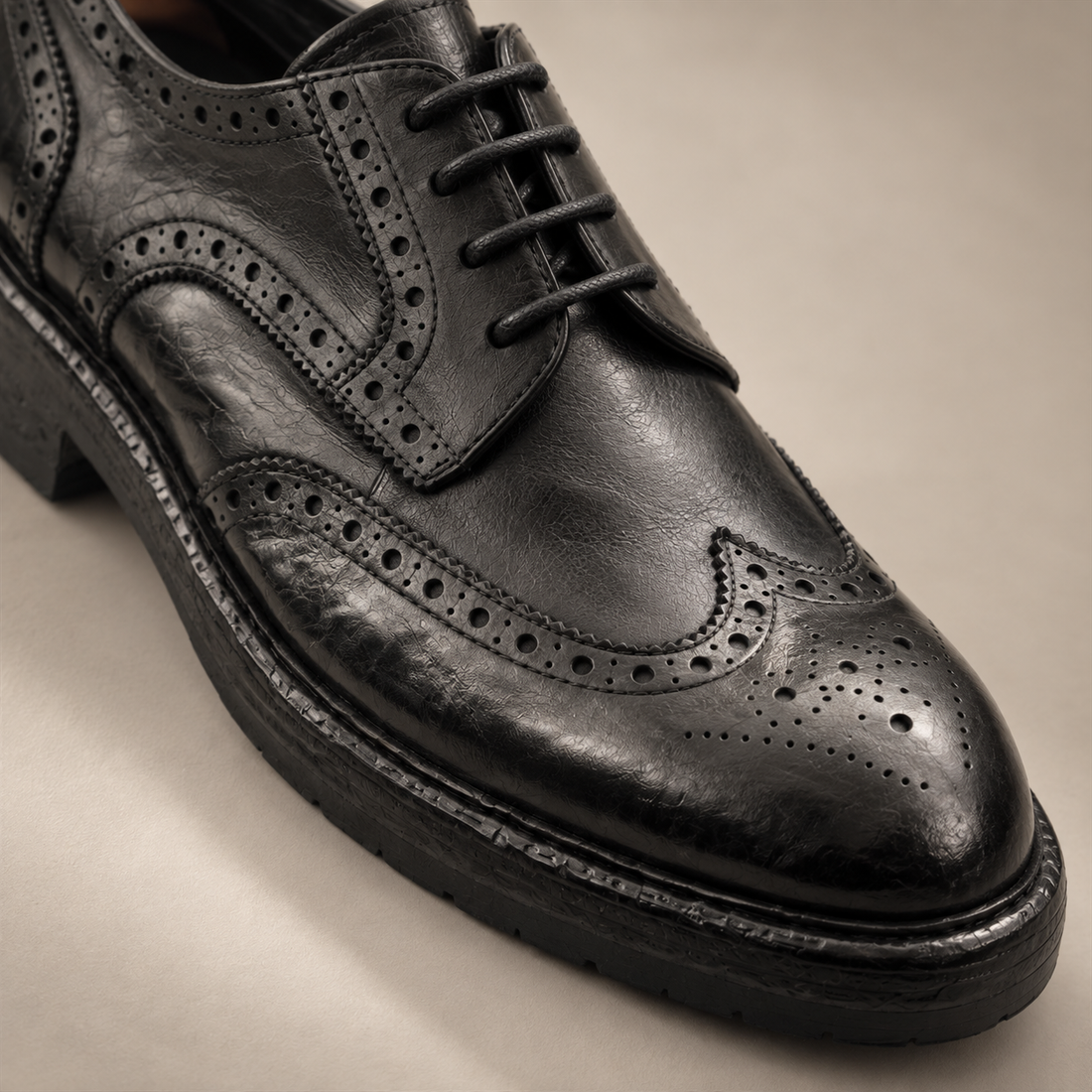 Leather and brogue detail — AI-generated editorial image.