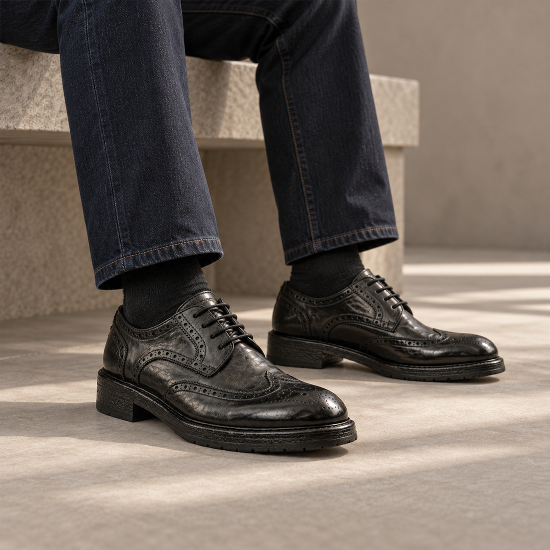 Styled with dark denim — AI-generated editorial image.