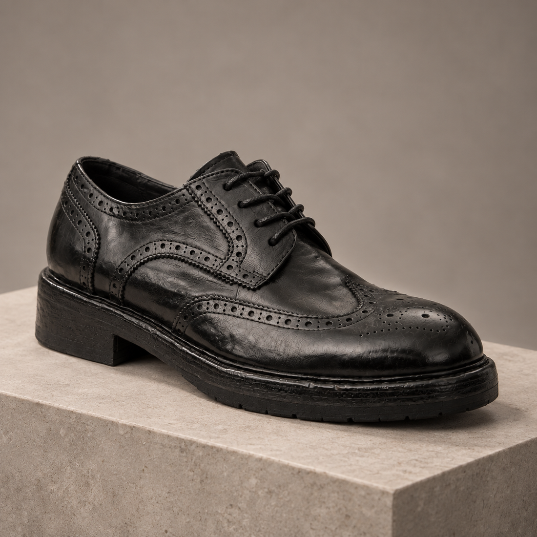 The finished shoe — AI-generated editorial image.