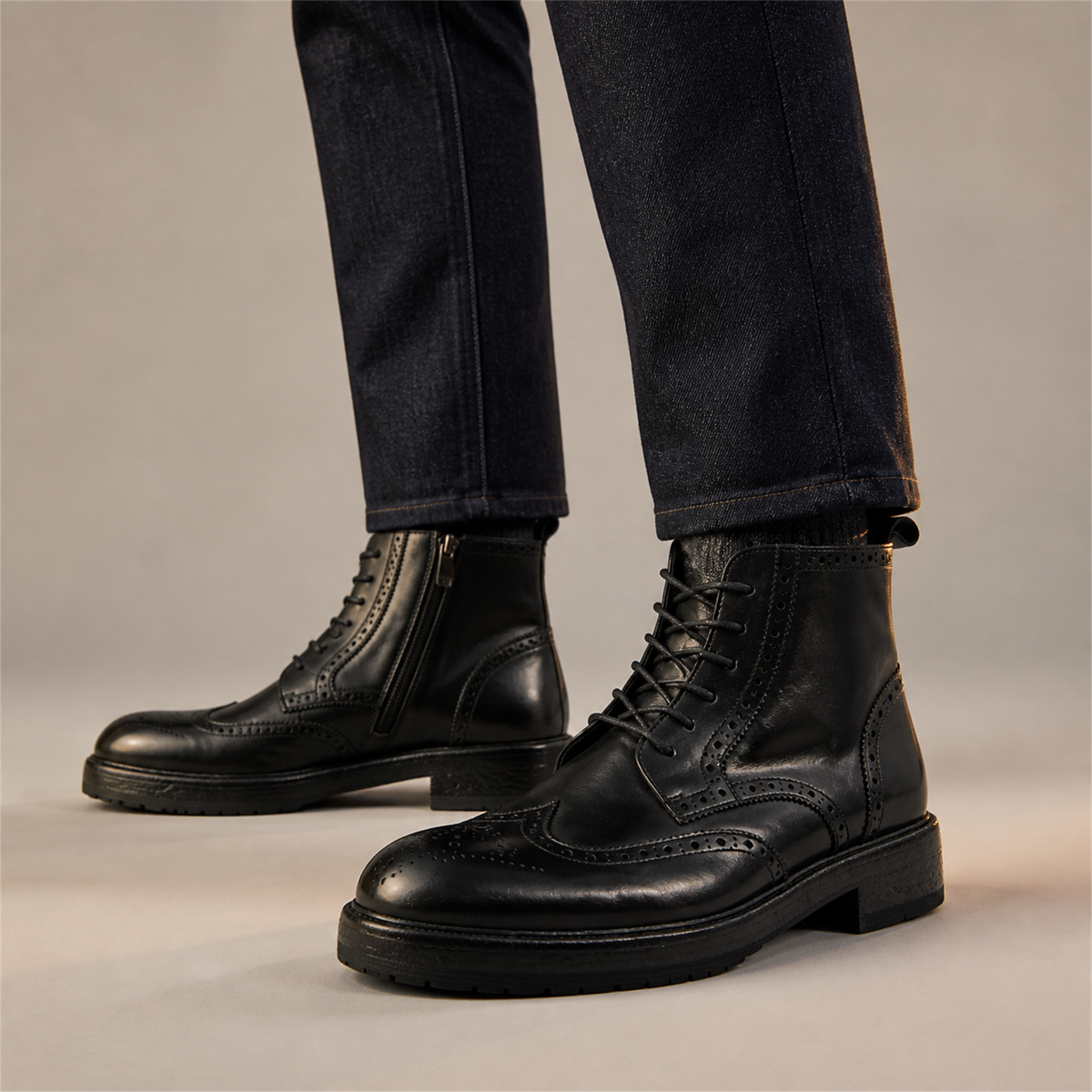 PASCH Beaumont Wingtip Boot in Black Water-Washed Leather, on-foot view