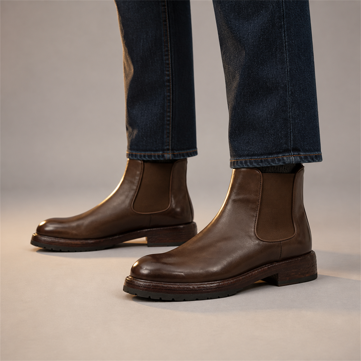 PASCH Camden Chelsea boot in coffee brown leather, worn with dark jeans