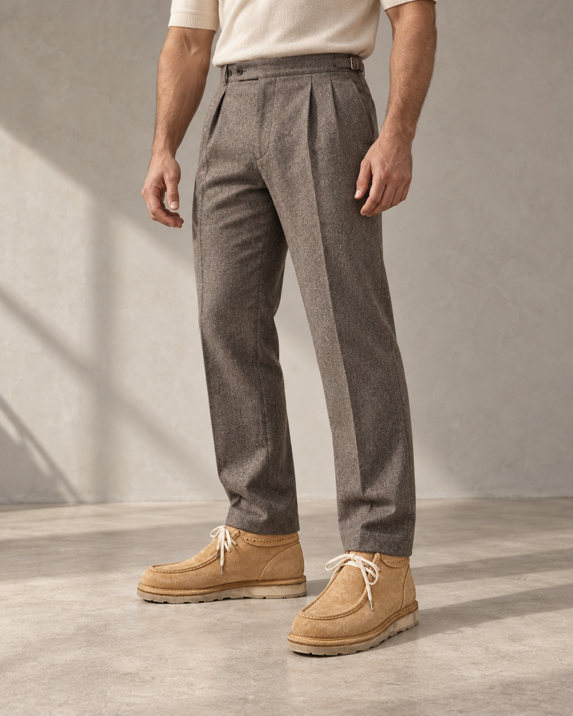 AI styling visualization of PASCH Millstone Caramel Brown moc-toe chukka boots with taupe tailored men's trousers