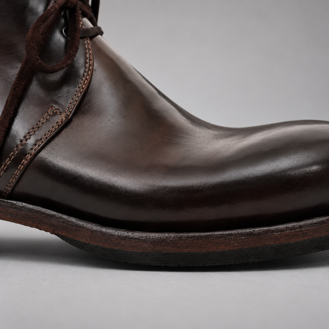 The leather surface and sole edge, seen up close.