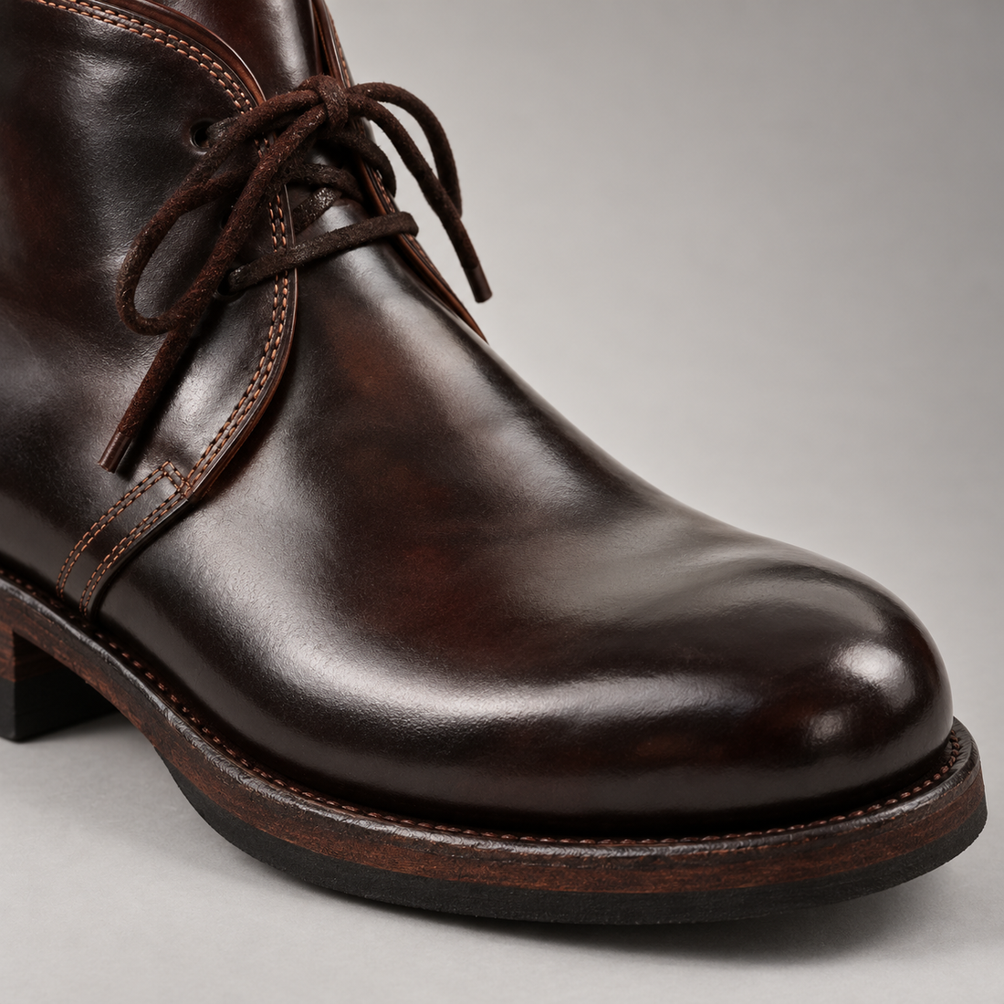 A closer look at the vamp, rounded toe and brown surface.