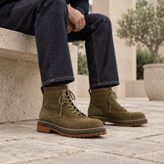 AI-generated editorial styling of Quarry boots with dark denim.