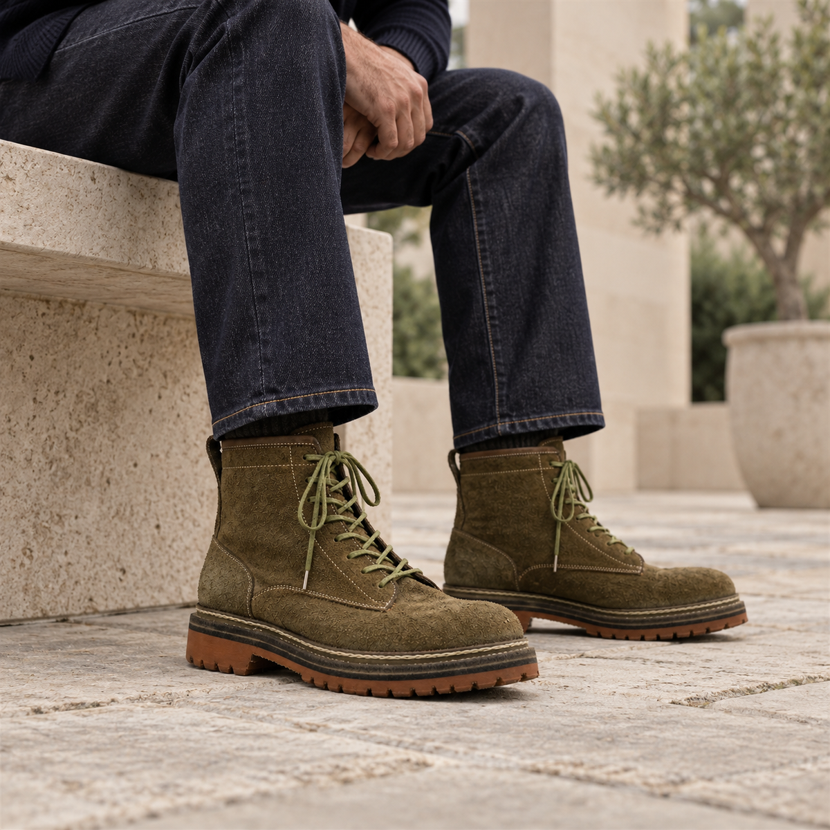 AI-generated editorial styling of Quarry boots with dark denim.