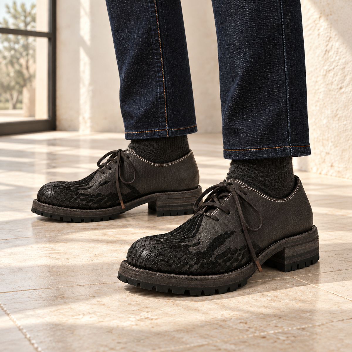 AI-generated styling visualization of Sawyer with dark denim, square composition.