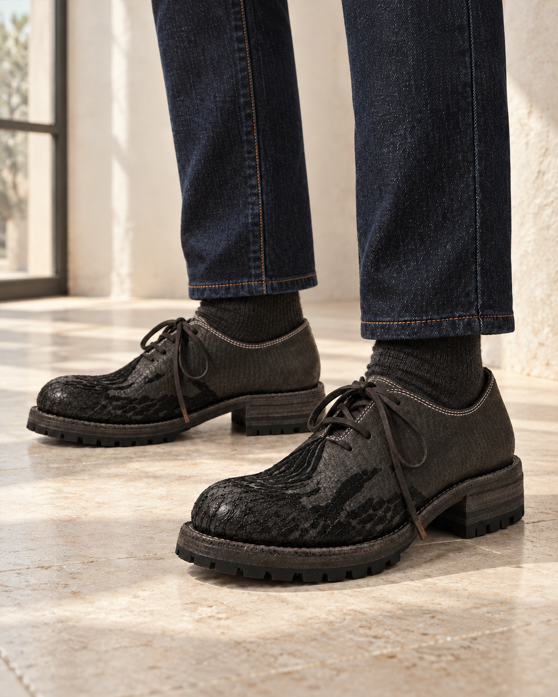 AI-generated styling scene with dark denim.