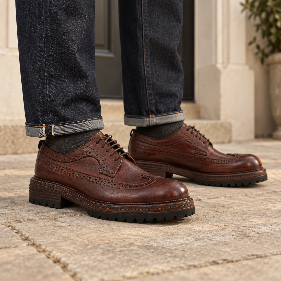 Styling inspiration: coffee brown with dark indigo denim.